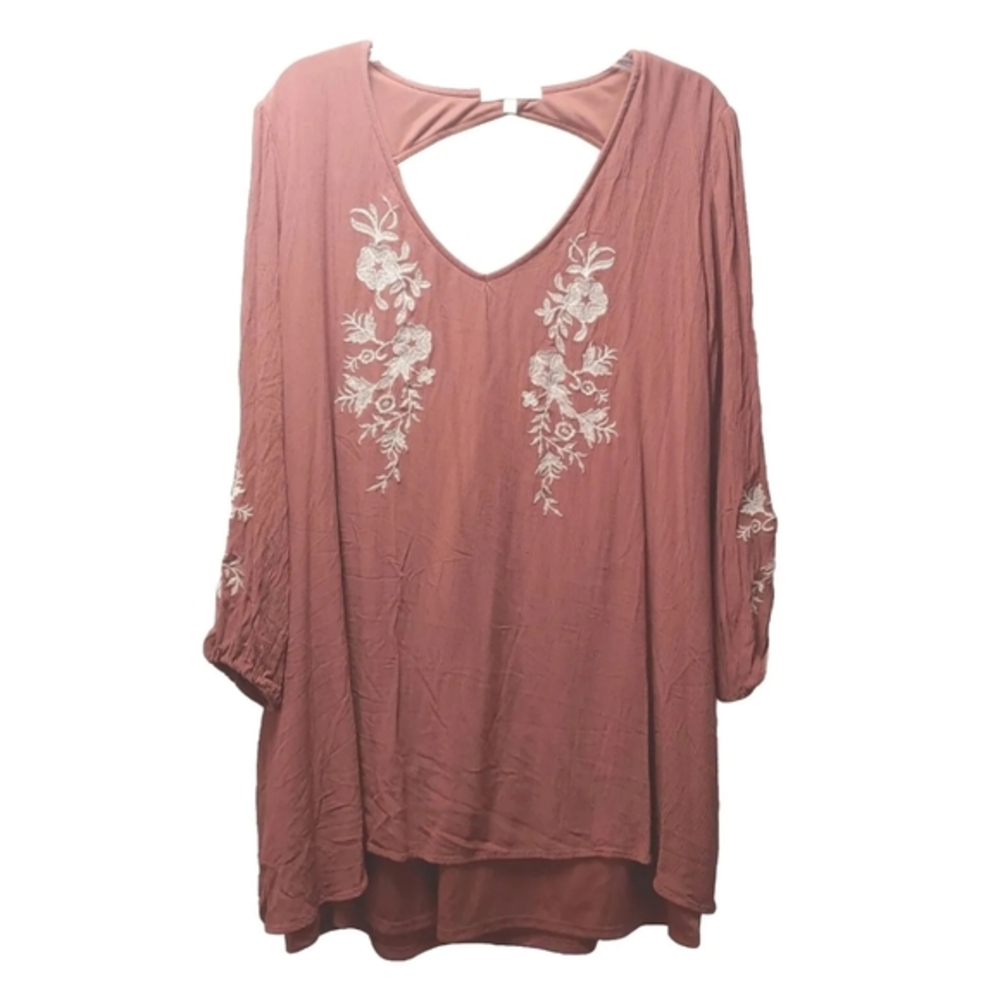 Vtg y2k Boho Tunic Top Woman Plus 3X Mauve Floral Embroider Hippie